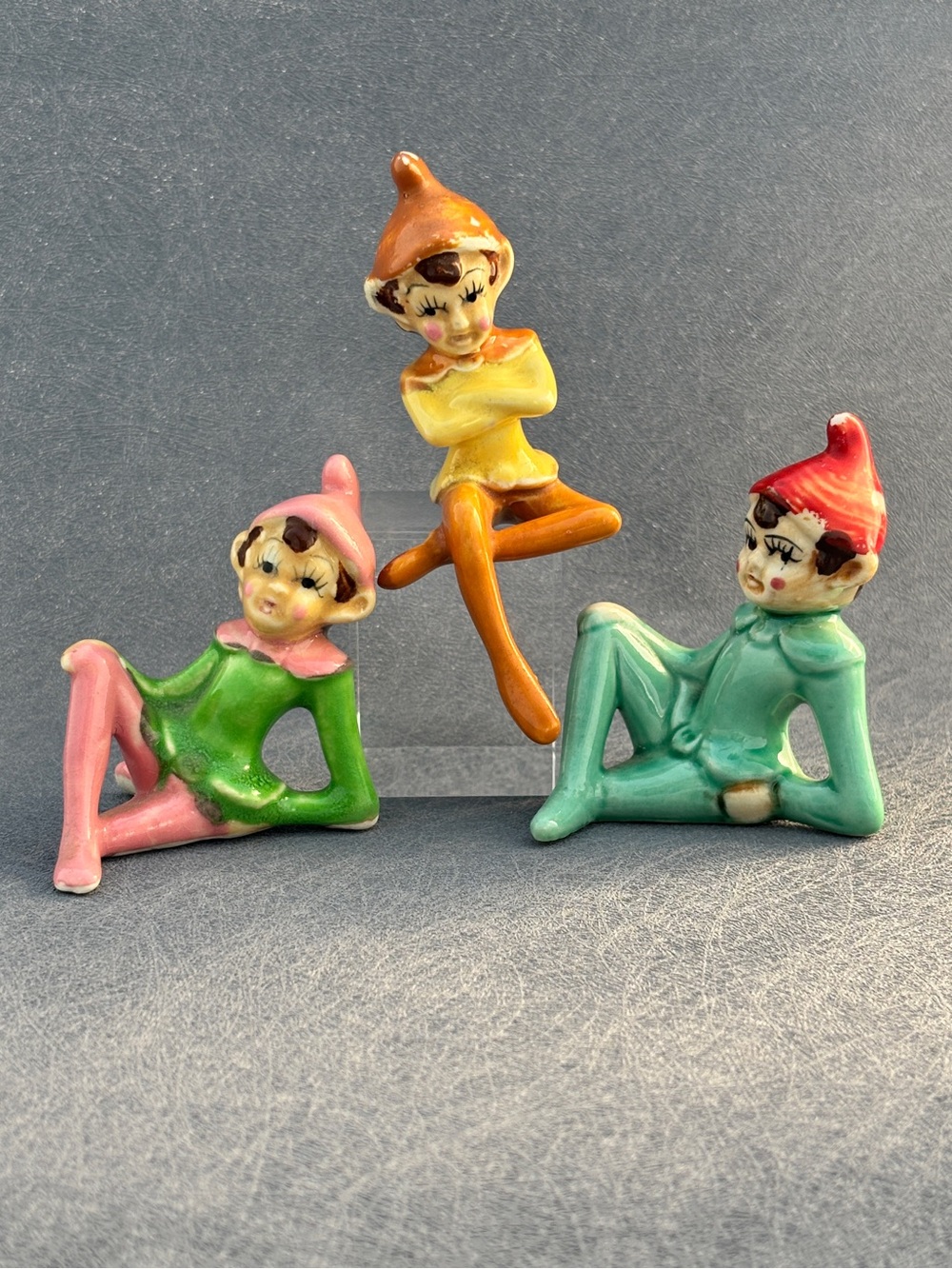 Vintage Set Of 3 Made In Japan Hand-painted Ceramic Pixie/Elf  Figurines